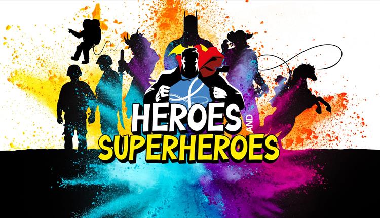 Heroes and Superheroes is written in bold in front of the black silhouettes of famous superheroes.