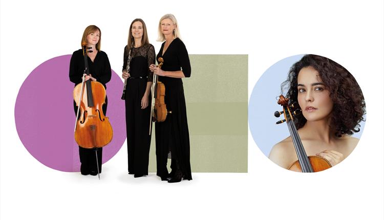 Three musicians are stood in front of a purple circle graphic holding their instruments and to the right BSO Artist-in-Residence is pictured inside a