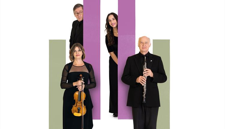 Four musicians are stood behind coloured rectangular graphics.