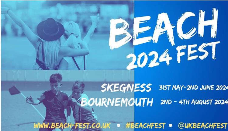 Promotional poster for Beach Fest with two boys playing football and two girls dancing