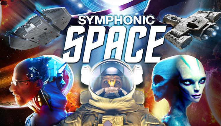 Space themed graphic, showing spaceships and aliens with text saying "Symphonic Space"