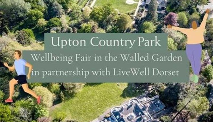 Drone view of Upton Country Park walled garden with Wellbeing Fair text overlaid