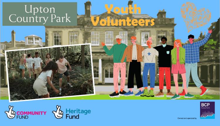 Picture of cartoon young adults in front of a styled picture of Upton House