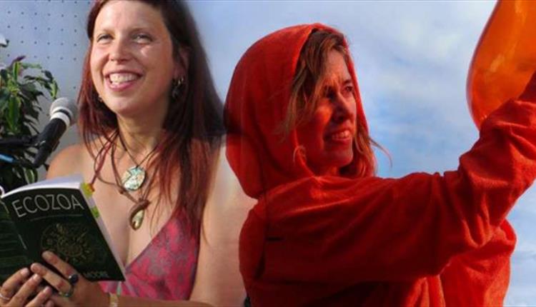 Two women, one on the left wearing a pink dress holding a poetry book and smiling. one on the right wearing a red dress and red hooded cloak with the