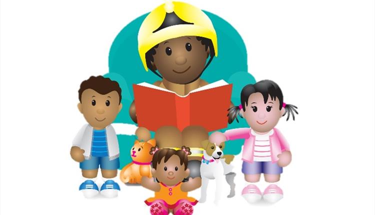 Cartoon Fire man reading a story to children