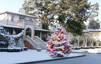 Snow covered italian villa at Compton Acres