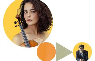 In the top left corner Alena Baeva is pictured inside a graphic circle, in the bottom right corner pianist Vadym Kholodenko is inside a smaller graphi