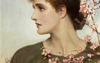a painting of a lady surrounded by blossom