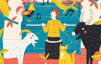 Drawn image of a young boy at a piano with animals surrounding him