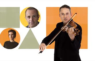 Two BSO musicians and conductor Mark Wigglesworth are pictured inside colourful graphic squares and circles.