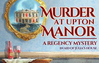 A room with the event title and a framed illustration of Upton House on the wall. There is also a bottle, glass and cloth on a table.