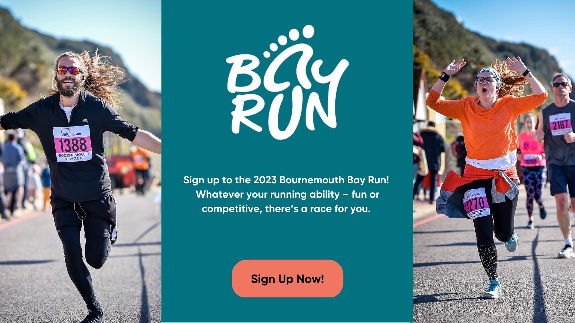 Bay run ad with two people celebrating their race