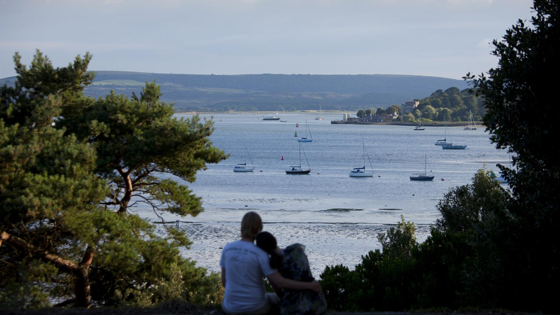 Couple hugging and looking at the view of Poole harbour from above