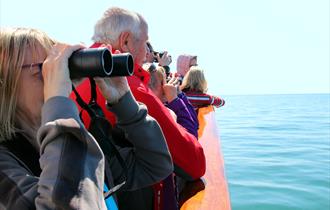 People with binoculars looking at something from a boat