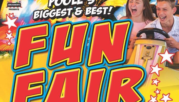 Image of two children enjoying a fairground ride with wording 'Poole's biggest and best fun fair'