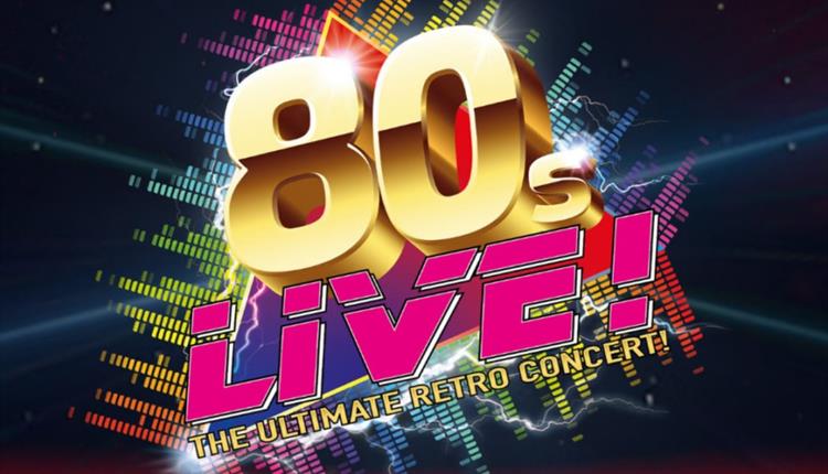 retro text '80's Live! Ultimate Retro Concert' on a dark background