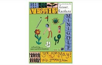 hand drawn flyer for Vessels exhibition minigolf 3rd - 5th May