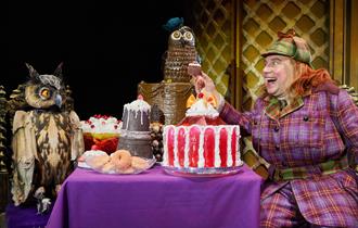 Image of a performer on stage at a set designed table covered in sweets sitting with two owls