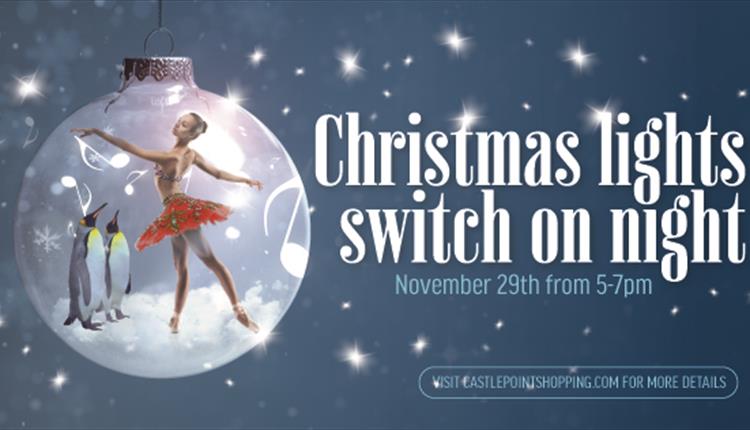 Ballerina and two penguins in a bauble with the text christmas lights switch on night.