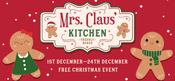 Text reads: Mrs Claus' Kitchen with images of snow and gingerbread men 