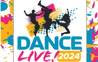 silhouetted dancers on a colourful background with Dance Live! 2024