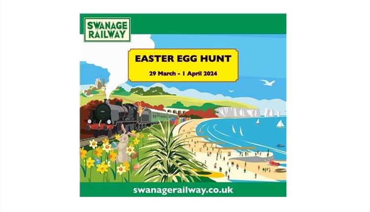 promotional poster for an Easter Egg hunt at Swanage Railway with a cartoon train and a beach to the right of the train