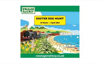 promotional poster for an Easter Egg hunt at Swanage Railway with a cartoon train and a beach to the right of the train