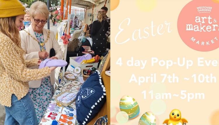 Easter 4 day pop up raphic with an image of people looking at market stall products