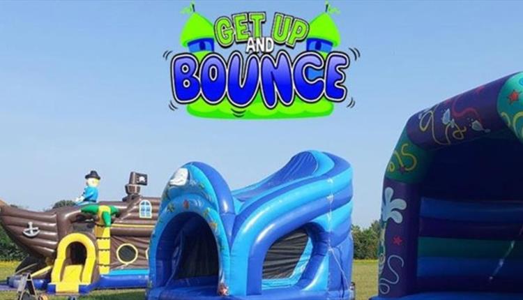 Get Up and Bounce in text and two blue bouncy castles and one brown pirate ship bouncy castle