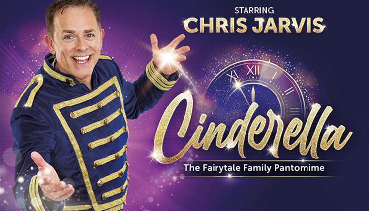 Image of man dressed in a purple and gold jacket. with the words 'Cinderella' and a golden clock next to him.