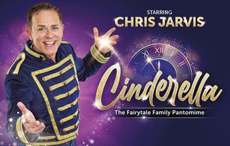 Image of man dressed in a purple and gold jacket. with the words 'Cinderella' and a golden clock next to him.