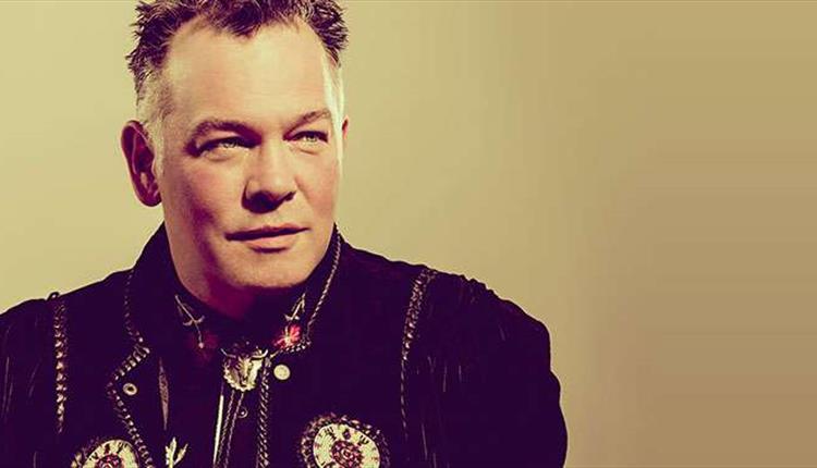 Comedian Stewart Lee in front of a bronze background.