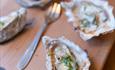 Close up macro shot of oysters and oyster fork.