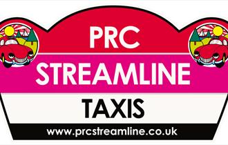 PRC Streamline Taxis logo with two anthropomorphic red cars and the website www.prcstrealine.co.uk