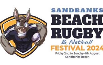 Sandbanks rugby and netball festival promo poster with a donkey in a tshirt holding a rugby ball
