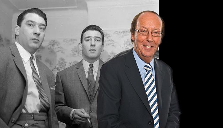 Kray twins in a black and white picture with Fred Dinenage standing next to it