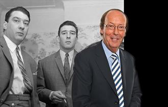 Kray twins in a black and white picture with Fred Dinenage standing next to it