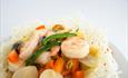 Prawn, vegetables and noodle plate