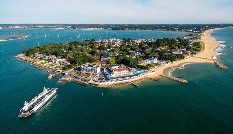 Aerial image of the Sanbanks area with the chain link ferry arriving at the dock