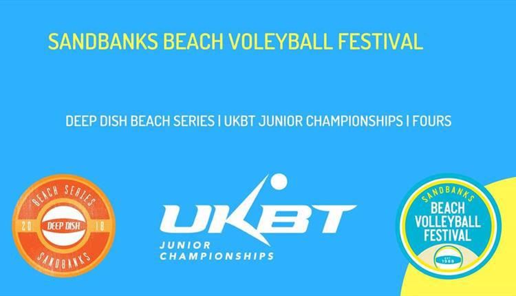 Sandbanks Beach Volleyball logo yellow letters on blue background