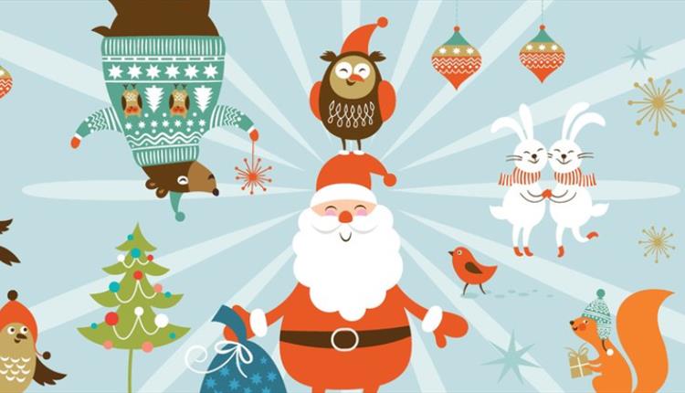 Colourful Christmas illustrations with cartoon animals and santa smiling