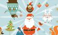 Colourful Christmas illustrations with cartoon animals and santa smiling