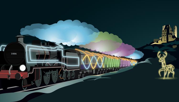 Cartoon image of a steam train with christmas lights on and lights in shape of a reindeer. Cartoon image of a castle in the background all lit up.