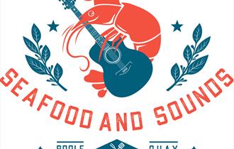 Seafood and Sounds promotional poster red prawn holding a navy guitar on a white background