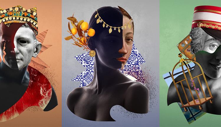 Image of 3 portraits with abstract art.