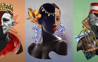 Image of 3 portraits with abstract art.
