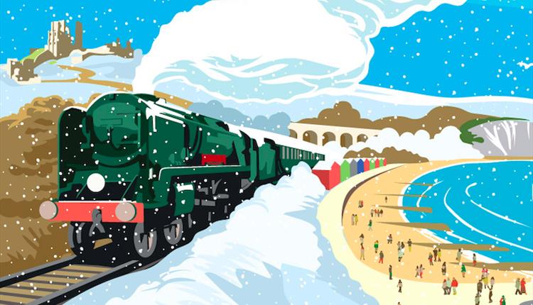 Railway steam train travelling through the cold winter snow scene