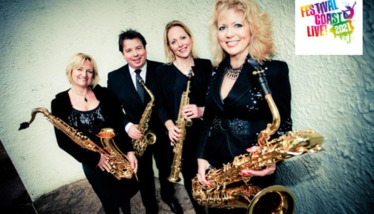 The 4 members of the band holding their saxophones
