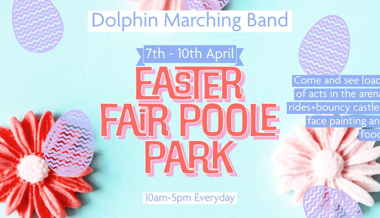 A landscape flyer of the Easter Fair event with orange text used in the center.