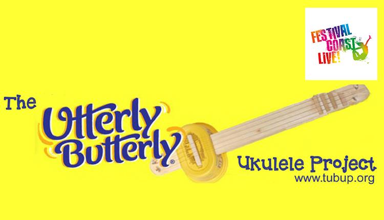 Bright yellow background with an illustrated ukulele